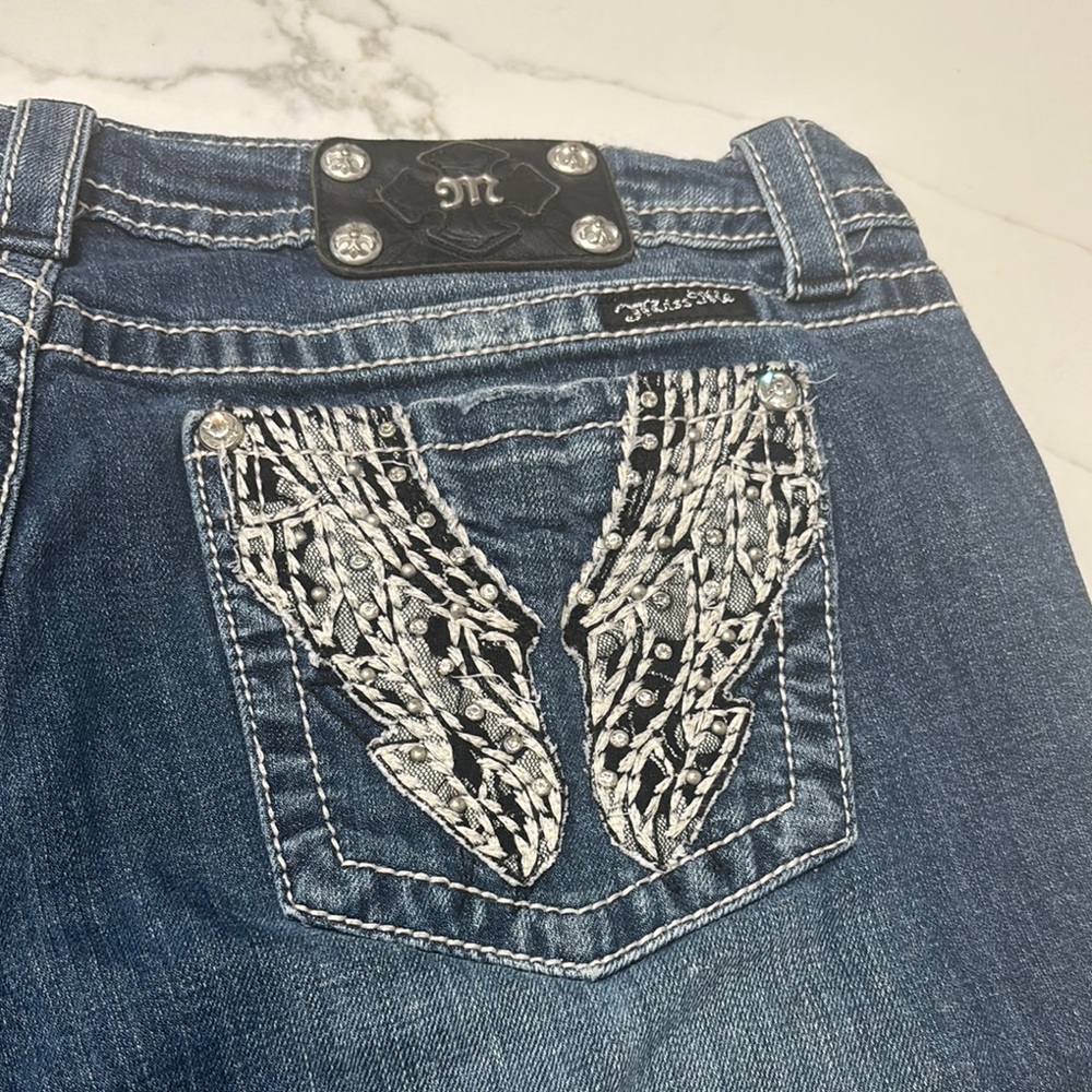 Miss Me Blue Boot Cut Jeans with Black and White Embroidery